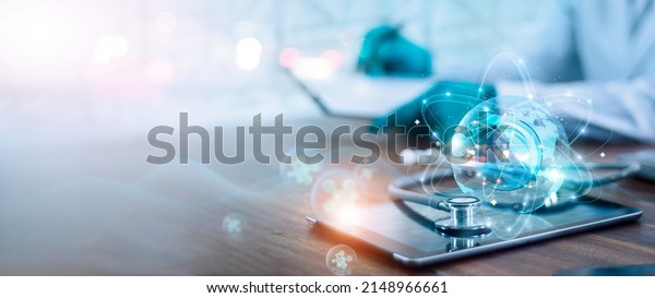 Doctor diagnose digital patient record on virtual\
medical network on Computing electronic medical record. Digital\
healthcare and network connection interface, Global health care.\
Medical technology. 