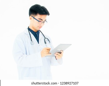 A Doctor Is Diagnosing The Data In  A Ipad On White Background.
