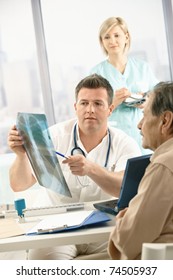 Doctor Discussing Diagnosis Of X-ray Image With Older Patient Sitting In Office, Nurse In Background.?