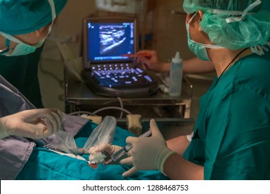 Doctor Doing The Ankle Nerve Block Under Ultrasound Guidance Before Operate On Patient. Dramatic Light From Surgical Lamp In Operating Room. Medical Concept 