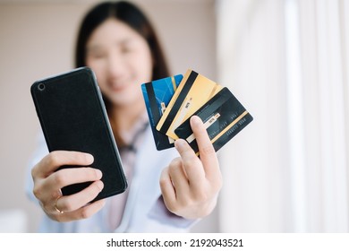 Doctor Is Doing Financial Transactions By Smartphone And Credit Card Mockup. ,Convenience Concept Of Payment With Technology