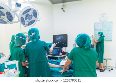Doctor doing the peripheral nerve block under ultrasound guidance before operate on patient. Bright clear light from surgical lamp in operating room. Medical concept. - Shutterstock ID 1288790311