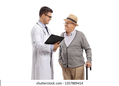 Doctor And Elderly Man Talking Isolated On White Background
