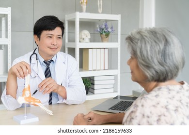 Doctor, Elderly Woman And Model Of The Feet. Male Doctor Explaining Anatomical Feet With Elderly Patient Woman In Office Clinic. 