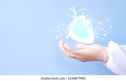 Doctor Examines The Heart Hologram, Verifies The Test Results On The Virtual Interface, And Analyzes The Data. Heart Disease, Myocardial Infarction, Breakthrough Technology, And Future Medicine