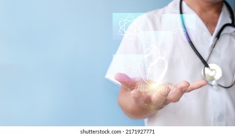 Doctor Examines The Heart Hologram While Reviewing The Test Results On The Virtual Interface And Performing Data Analysis. Future Medicine, Cutting-edge Technologies, Myocardial Infarction. 