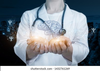 Doctor examines the psyche and consciousness on blurred background. - Shutterstock ID 1432761269