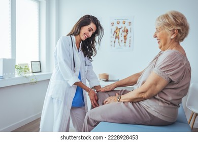 Doctor examining patient knee. Physiotherapist exam patient's knee. Senior patient with knee injury visit his physiotherapist. Doctor the traumatologist examines the patient the patient's ankle leg

 - Powered by Shutterstock