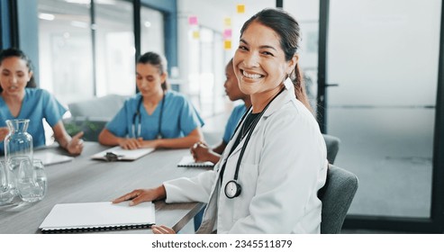 Doctor, face or woman in hospital meeting leadership, medical planning or life insurance workshop for treatment idea. Smile, happy or healthcare worker portrait in teamwork collaboration or diversity - Powered by Shutterstock