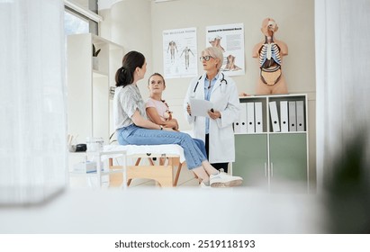 Doctor, family or talk in office for healthcare, medical advice or professional opinion with mom. Pediatrician, mother and daughter in consultation for kid recovery, diagnosis or medicare with report - Powered by Shutterstock