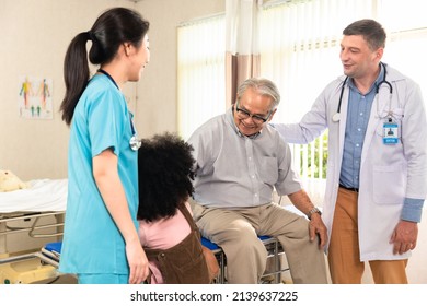 Doctor And Family Wear Face Mask In Hospital Protect From COVID-19. People Health Care And Medicine Concept.