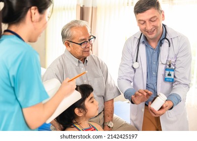 Doctor And Family Wear Face Mask In Hospital Protect From COVID-19. People Health Care And Medicine Concept.