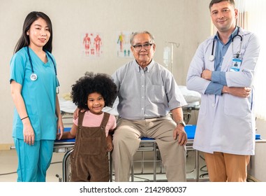 Doctor And Family Wear Face Mask In Hospital Protect From COVID-19. People Health Care And Medicine Concept.