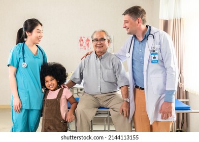 Doctor And Family Wear Face Mask In Hospital Protect From COVID-19. People Health Care And Medicine Concept.