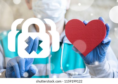 Doctor Female Offers A Red Heart And Clicks A Three Locks Button On A Virtual Display. Security Health Care. Medical Data Insurance And Privacy. Medicine Secure Access Patient Privacy History.