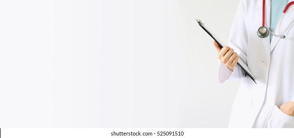 Doctor With Files, Doctor Hand Holding Patient Medical Chart With Copy Space For An Advertising Cover Picture. (Selective Focus)