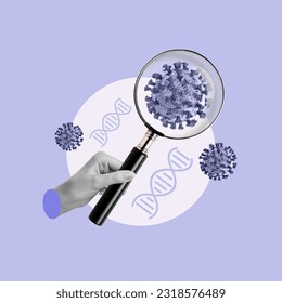 The doctor finds a cancer cell, seeing cell, bad cell, finding good cell, dna coronavirus, hand with magnifying glass, finding virus, conceptual art