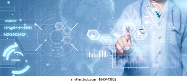 Doctor Futuristic Modern Technology Concept Diagnosing Analyzing Patient’s Health Medical Healthcare Diagnosis, Close Up Medical Professional Working In Hospital, Banner Graphical Icon Grey Background