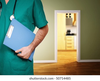 Doctor Give Help At Patient Home, Interior House Background