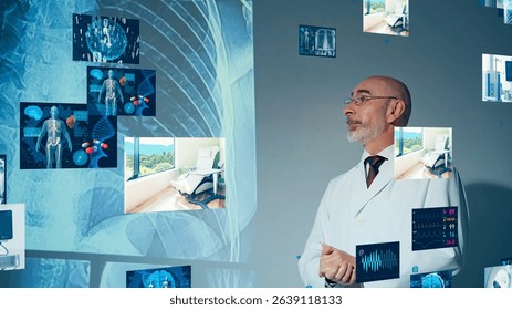 Doctor giving a lecture using a projector and medical technology concept visual