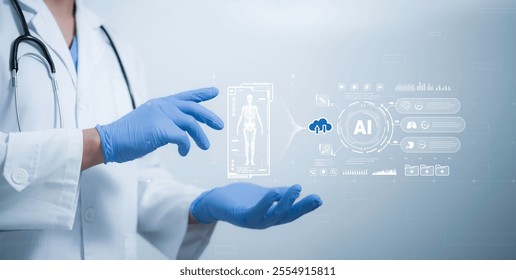 Doctor in gloves interacting with futuristic AI-powered medical graphics, showcasing digital health transformation, including patient records, diagnostics, and data visualization