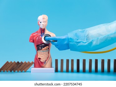 Doctor Gloves Stethoscope Examine Human Body Lung Digest Belly Health Means Stopping Medical Prevention Of Illness Disease Problem. Concept Diagnosis Check Up, Domino Fall Effect, Copy Space