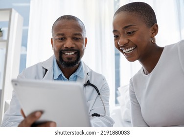 Doctor, good news and medical patient at hospital healthy black woman got her test results after consulting. Smile, happy and healthcare professional worker support, helping and working in his - Shutterstock ID 2191880033