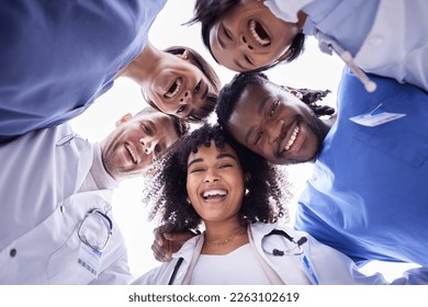 Doctor, group portrait and below circle for motivation, support and collaboration with smile, solidarity and diversity. Friends, doctors and face with teamwork, goals and help in healthcare at clinic - Shutterstock ID 2263102619