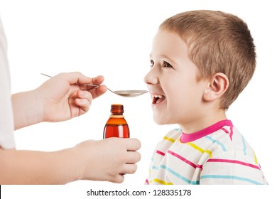 Doctor Hand Giving Spoon Dose Of Medicine Liquid Drinking Syrup To Child Boy Patient