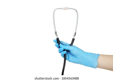 Doctor hand in glove holding stethoscope on white background