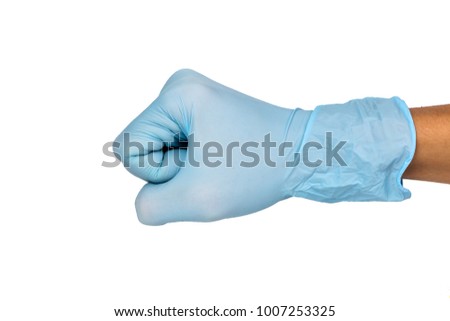 Doctor hand glove shows fist or punch on white background.
