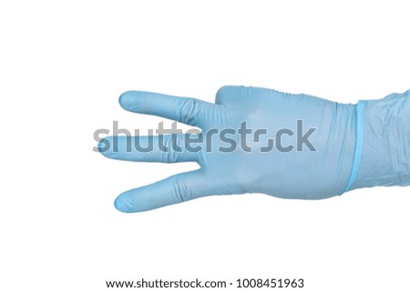 Doctor hand glove shows number three top view on white background.