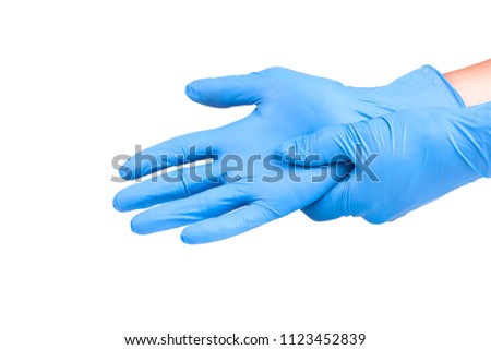 Doctor hand glove shows pretend to catch on white background.