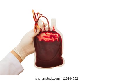 Doctor hand grab the blood  transfusion on white background