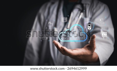 Doctor hand hold cloud computing hologram. Medical healthcare data security technology. Digital patient record storage. Secure network database privacy concept. EHR EMR system protection background.