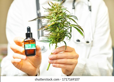 Doctor Hand Hold And Offer To Patient Medical Marijuana And Oil. Cannabis Recipe For Personal Use, Legal Light Drugs Prescribe, Alternative Remedy Or Medication,medicine Concept