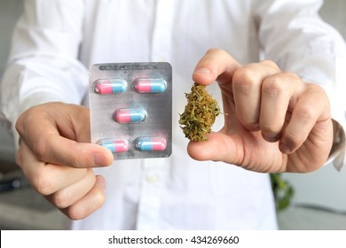Doctor Hand Holding Bud Of Medical Cannabis And Pills