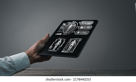 Doctor Hand Holding IPad, Medical Infographic HUD. Health And Healthcare And Structure Of Human Organs. Medical Infographic (Heart, Brain Mrt, Lungs, Stomach, Kidney And Human, Healthy Concept.