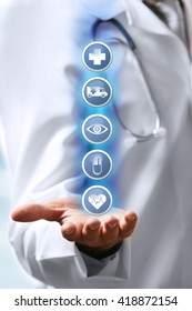 Doctor Hand And Medicine Icons. Medical Technology Concept