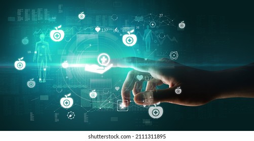 Doctor hand pressing futuristic health device with medical symbol on screen - Shutterstock ID 2111311895