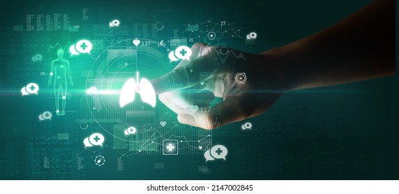 Doctor Hand Pressing Futuristic Health Device With Medical Symbol On Screen