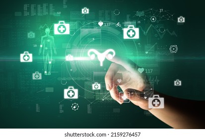Doctor hand pressing futuristic health device with medical symbol on screen - Shutterstock ID 2159276457