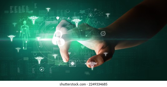 Doctor hand pressing futuristic health device with medical symbol on screen - Shutterstock ID 2249334685