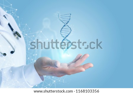 Doctor Hand showing dna . Concept of research and testing.