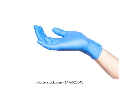 Doctor hand in sterile gloves in holding position isolated on white