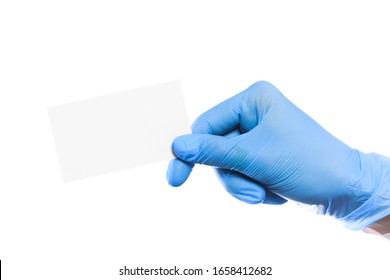 Doctor Hand In Sterile Gloves Holding Card With Text Palce   Isolated On White Background 