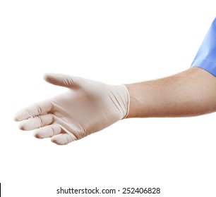 Doctor Hand In Sterile Gloves Showing Sign, Isolated On White Background