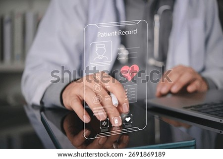 Doctor hand touch virtual interface, patient medical record. Healthcare technology, digital health data. Future hospital medicine, EHR EMR system. Medical analysis, patient care.