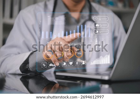 Doctor hand touch virtual interface analyze patient data. Medical healthcare technology innovation. Digital health record chart graph. Futuristic medicine diagnosis hospital concept. EHR system.
