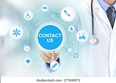 Doctor Hand Touching CONTACT US Sign On Virtual Screen - Medical Support And Service Concept